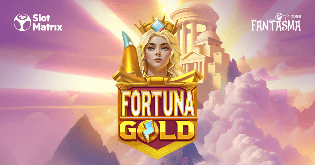 Promotional artwork for the slot game 'Fortuna Gold' featuring a crowned goddess figure, a golden temple in the clouds, and logos for SlotMatrix and Fantasma Games.