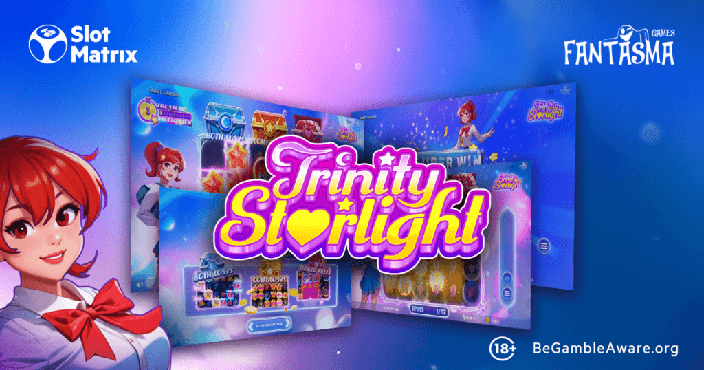 Background featuring logo of Trinity Starlight, cartoon girl with red hair and a school uniform, screens from the game, 18+ begamblingaware logo, SlotMatrix and Fantasma logos.
