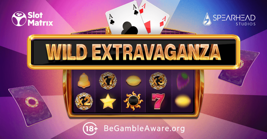 Image in purple background, with a purple reel and golden margins, accompanied by Wild Extravaganza text, two playing cards, EveryMatrix logo, and Spearhead Studios logo