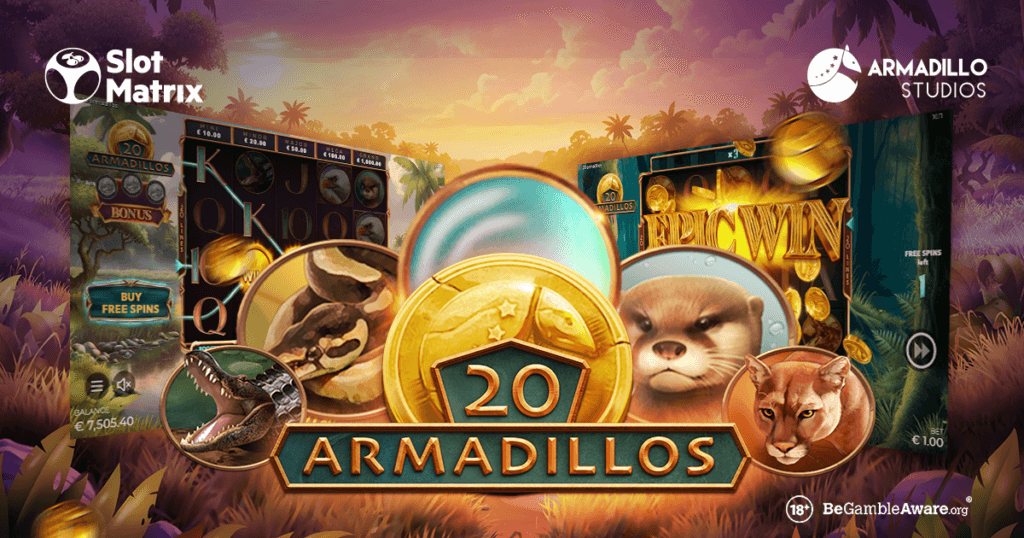 image with screens and elements from the game 20 Armadillos, with SlotMatrix, Armadillo Studios, and 18+ Begambleaware logo