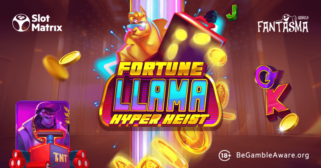 image with assets from the game Fortune Llama Hyper Heist, with SlotMatrix, Fantasma Games logos, and 18+ BeGambleAware logo